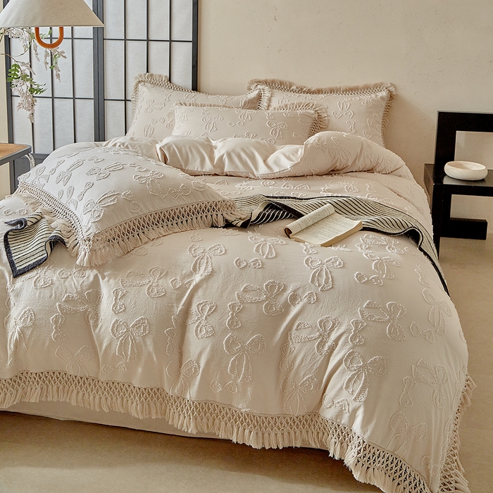 缘生活 2025新款立体剪花流苏四件套 四季通用-新增花型 剪花蝴蝶结 流苏+卡其