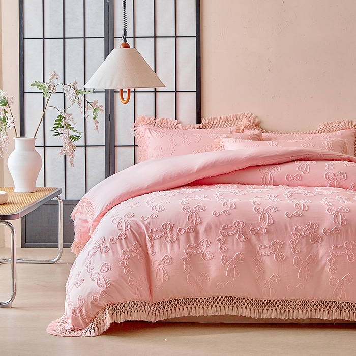 91家纺网 家纺一手货源 找家纺 缘生活 2025新款立体剪花流苏四件套 四季通用-新增花型 剪花蝴蝶结 流苏+粉色