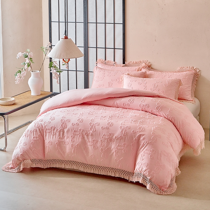 91家纺网 家纺一手货源 找家纺 缘生活 2025新款立体剪花流苏四件套 四季通用-新增花型 剪花蝴蝶结 流苏+粉色