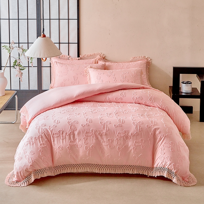 91家纺网 家纺一手货源 找家纺 缘生活 2025新款立体剪花流苏四件套 四季通用-新增花型 剪花蝴蝶结 流苏+粉色