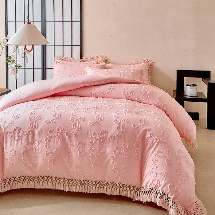 91家纺网 家纺一手货源 找家纺 缘生活 2025新款立体剪花流苏四件套 四季通用-新增花型 剪花蝴蝶结 流苏+粉色