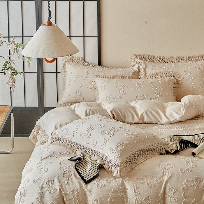 91家纺网 家纺一手货源 找家纺 缘生活 2025新款立体剪花流苏四件套 四季通用-新增花型 剪花蝴蝶结 流苏+卡其