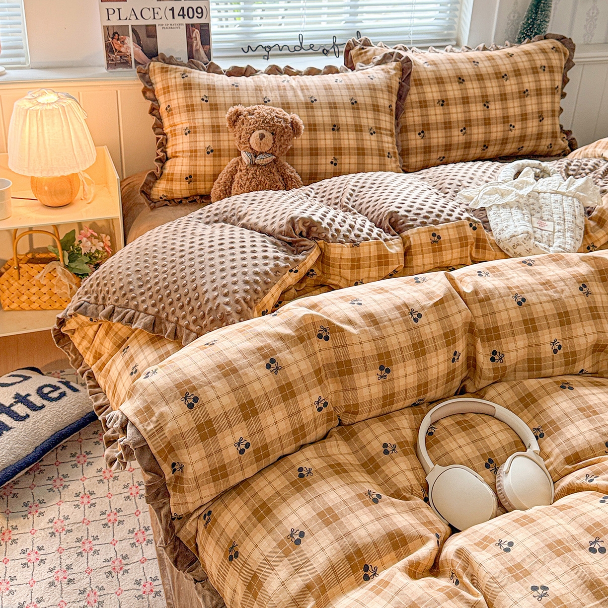 黛馨 2025秋冬新款棉加绒全棉双层纱宝宝绒工艺款花边四件套-花边款 糖炒栗子-花边款