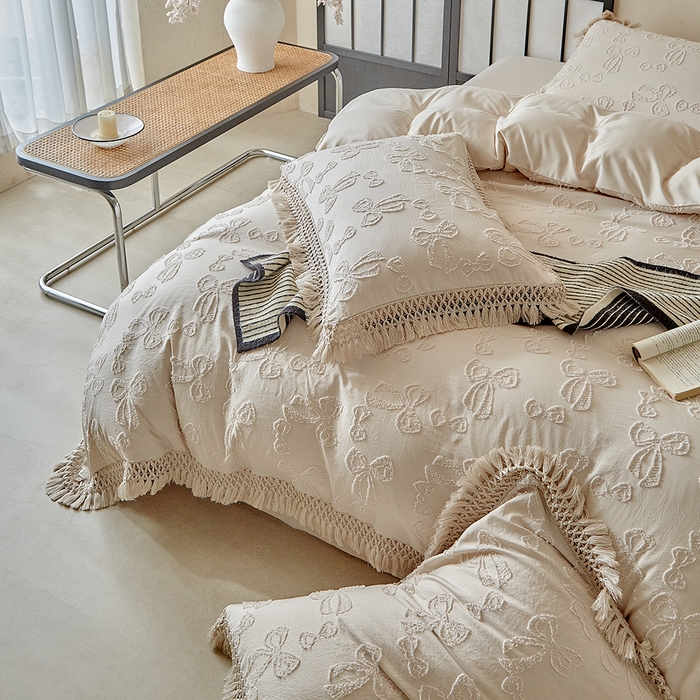 91家纺网 家纺一手货源 找家纺 缘生活 2025新款立体剪花流苏四件套 四季通用-新增花型 剪花蝴蝶结 流苏+卡其