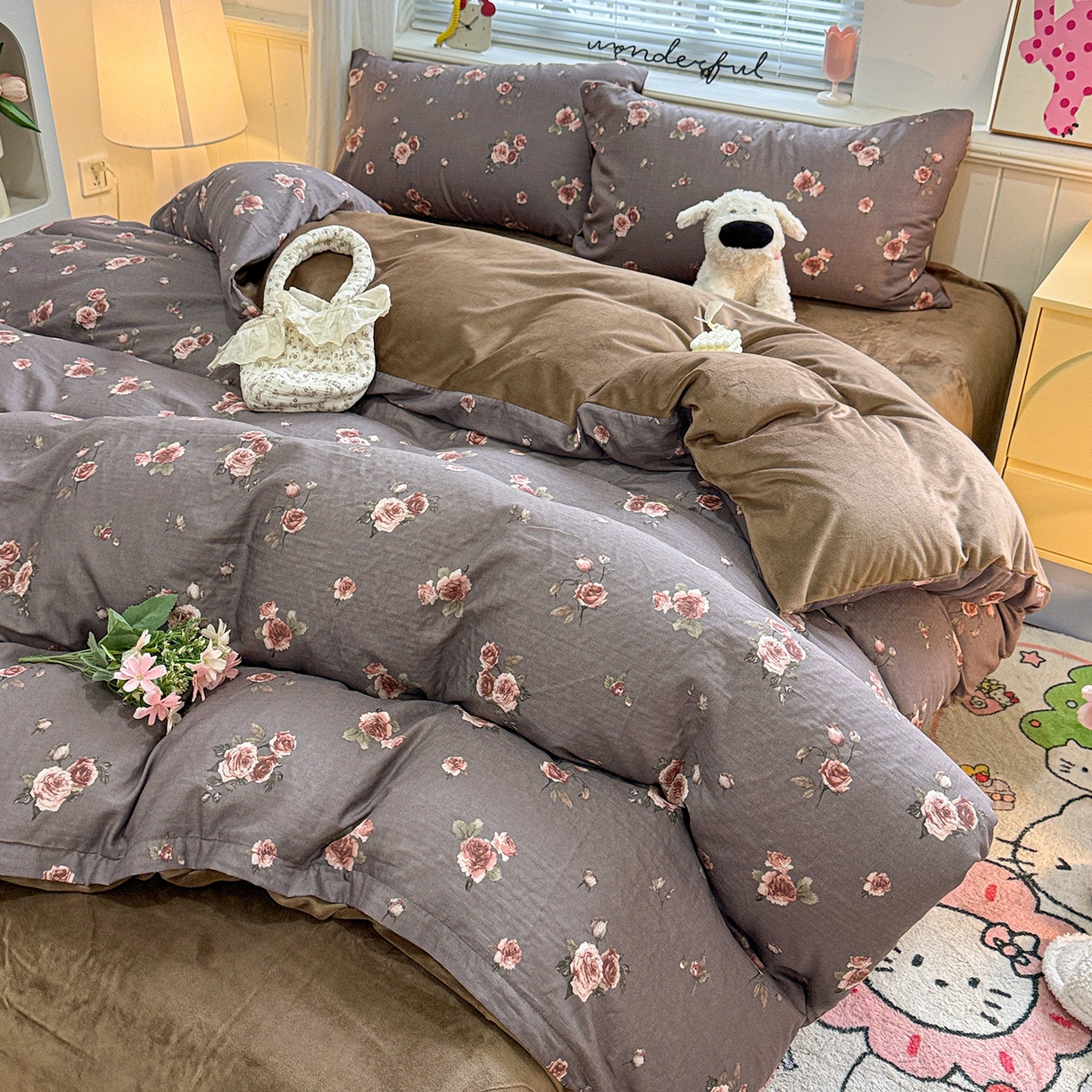 黛馨 2025秋冬新款棉加绒全棉双层纱宝宝绒工艺款花边四件套-基础款 后院玫瑰-基础款