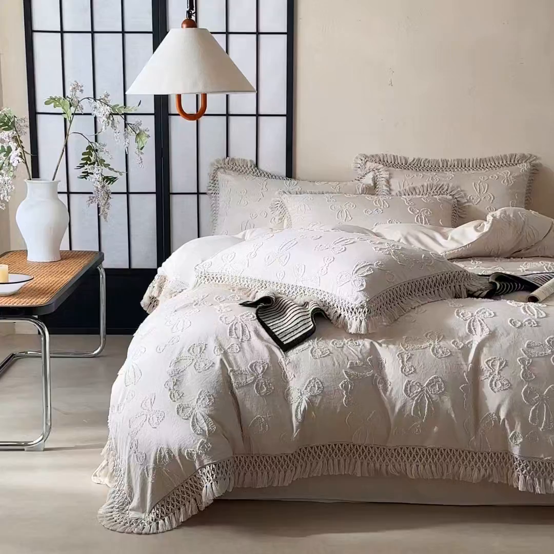 91家纺网 家纺一手货源 找家纺 缘生活 2025新款立体剪花流苏四件套 四季通用-新增花型 剪花蝴蝶结 流苏+卡其