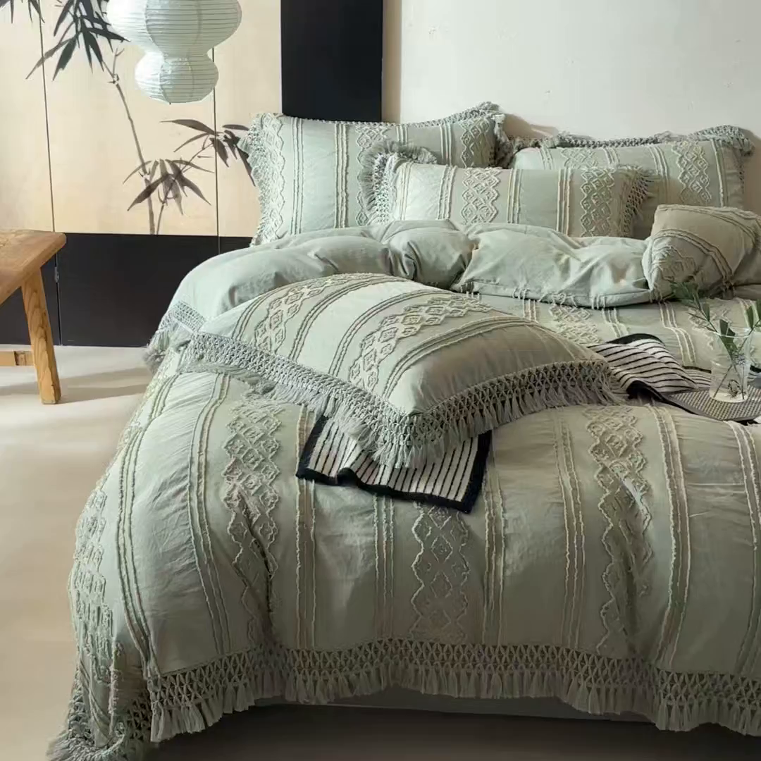 91家纺网 家纺一手货源 找家纺 缘生活 2025新款立体剪花流苏四件套 四季通用-新增花型 剪花巴洛克 流苏+抹茶绿