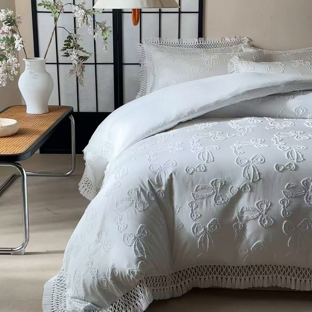 91家纺网 家纺一手货源 找家纺 缘生活 2025新款立体剪花流苏四件套 四季通用-新增花型 剪花蝴蝶结 流苏+白色