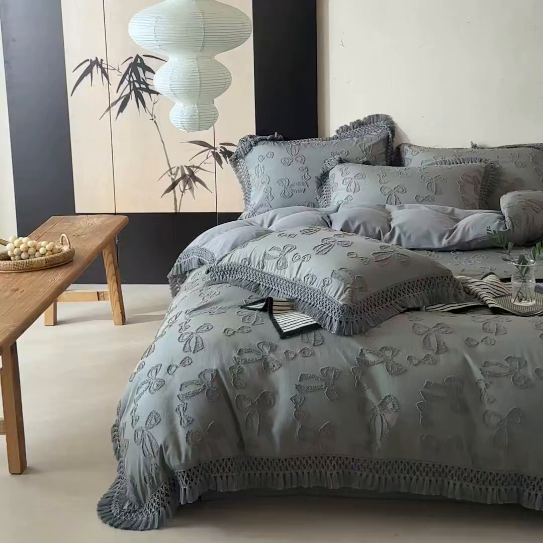 91家纺网 家纺一手货源 找家纺 缘生活 2025新款立体剪花流苏四件套 四季通用-新增花型 剪花蝴蝶结 流苏+烟灰