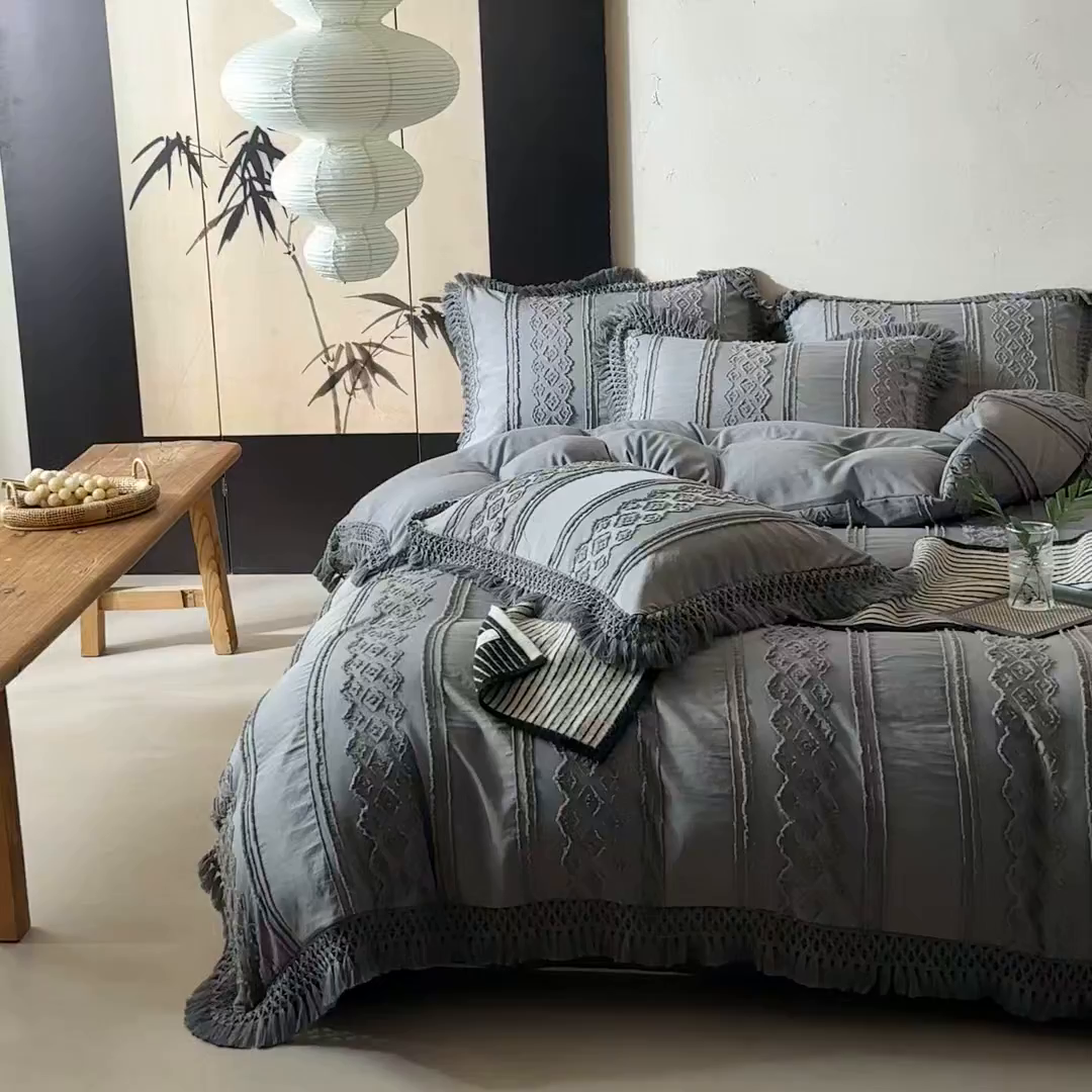 91家纺网 家纺一手货源 找家纺 缘生活 2025新款立体剪花流苏四件套 四季通用-新增花型 剪花巴洛克 流苏+烟灰