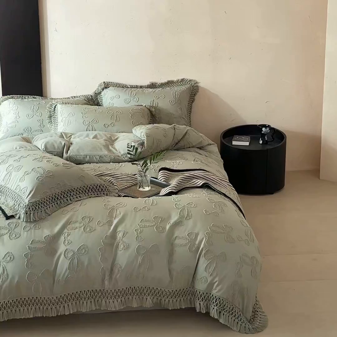 91家纺网 家纺一手货源 找家纺 缘生活 2025新款立体剪花流苏四件套 四季通用-新增花型 剪花蝴蝶结 流苏+抹茶绿