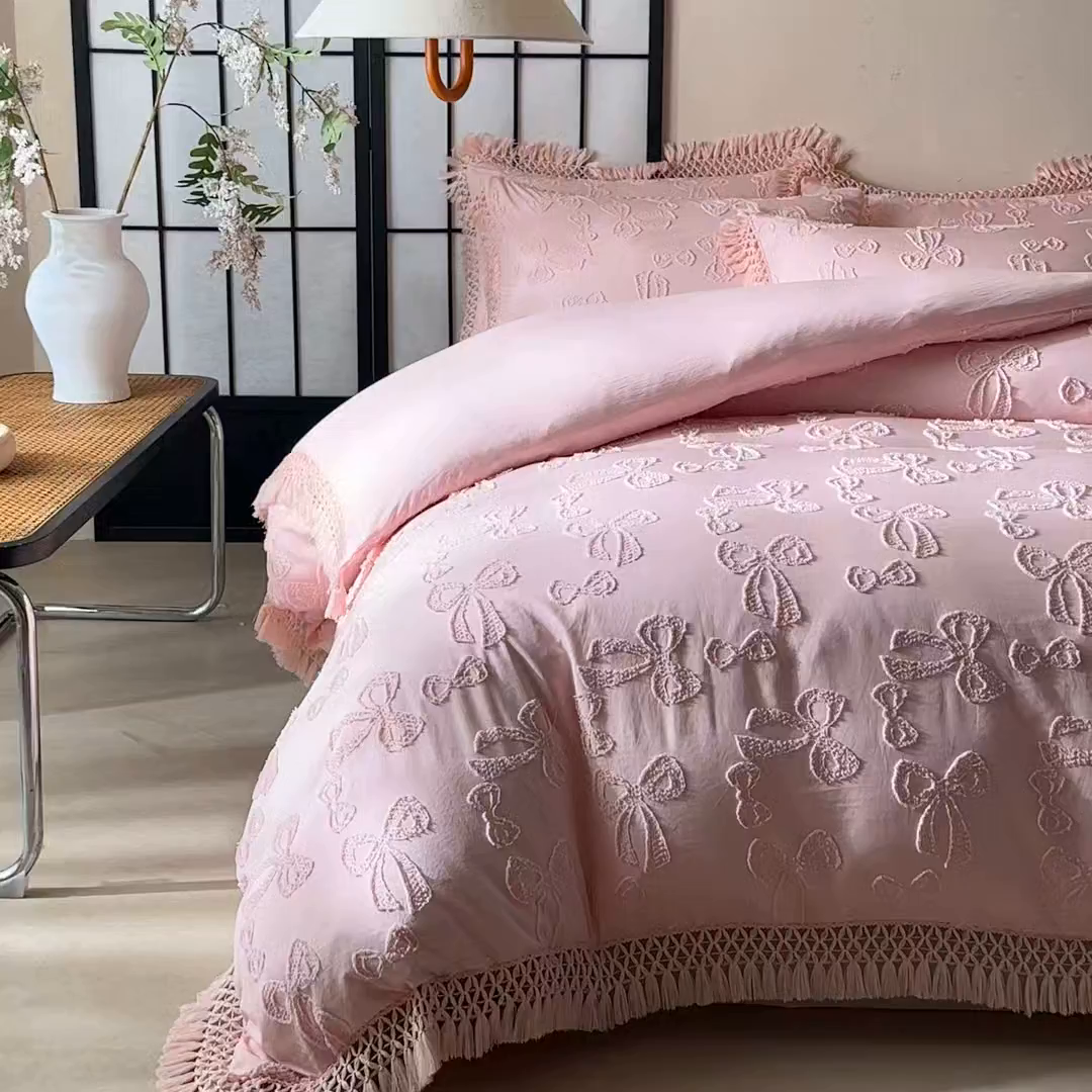 91家纺网 家纺一手货源 找家纺 缘生活 2025新款立体剪花流苏四件套 四季通用-新增花型 剪花蝴蝶结 流苏+粉色