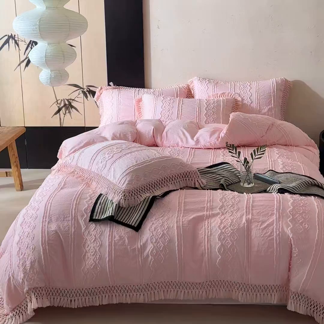 91家纺网 家纺一手货源 找家纺 缘生活 2025新款立体剪花流苏四件套 四季通用-新增花型 剪花巴洛克 流苏+粉色