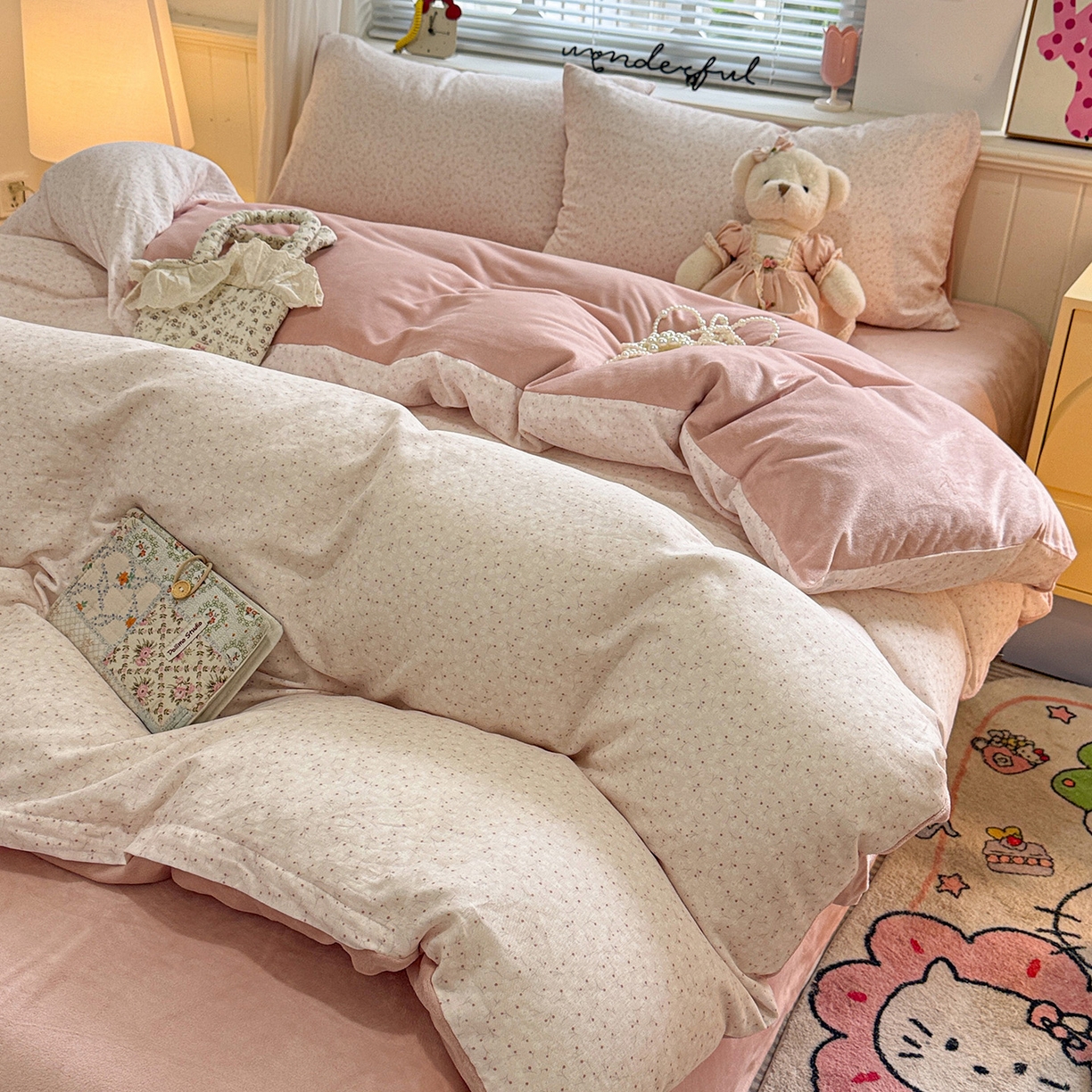 黛馨 2025秋冬新款棉加绒全棉双层纱宝宝绒工艺款花边四件套-基础款 暖暖-基础款