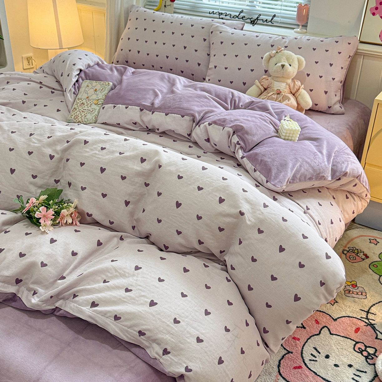 黛馨 2025秋冬新款棉加绒全棉双层纱宝宝绒工艺款花边四件套-基础款 花漾甜心-基础款