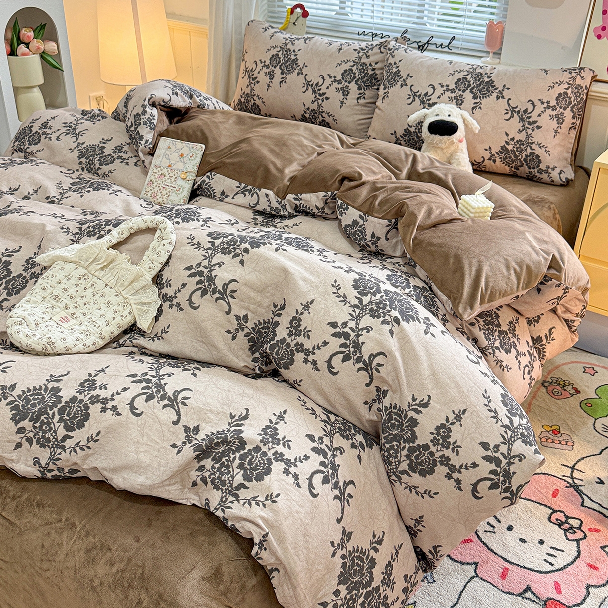 黛馨 2025秋冬新款棉加绒全棉双层纱宝宝绒工艺款花边四件套-基础款 复古慕斯-基础款