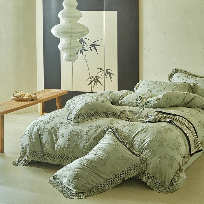 91家纺网 家纺一手货源 找家纺 缘生活 2025新款立体剪花流苏四件套 四季通用-新增花型 剪花蝴蝶结 流苏+抹茶绿