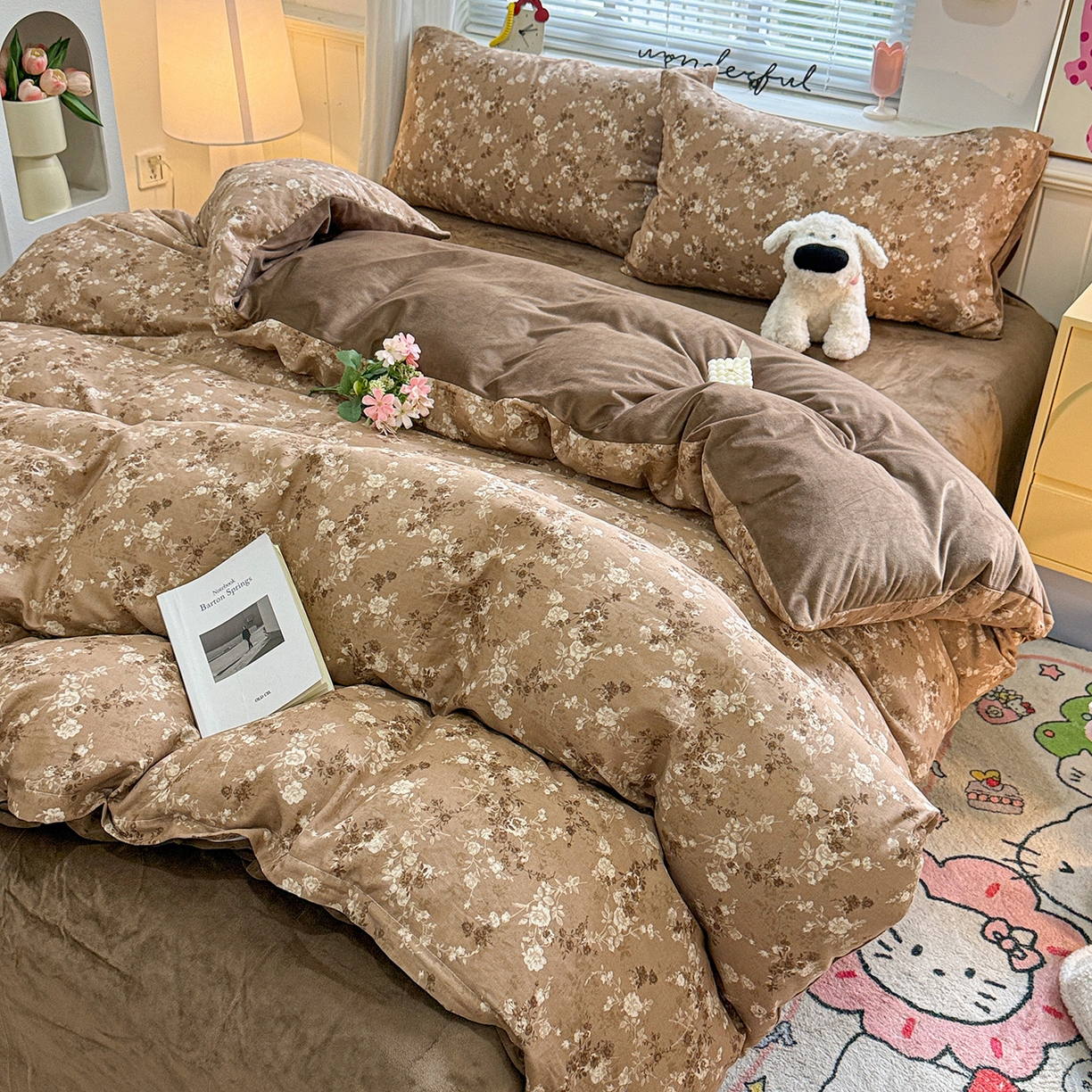 黛馨 2025秋冬新款棉加绒全棉双层纱宝宝绒工艺款花边四件套-基础款 秋香-基础款