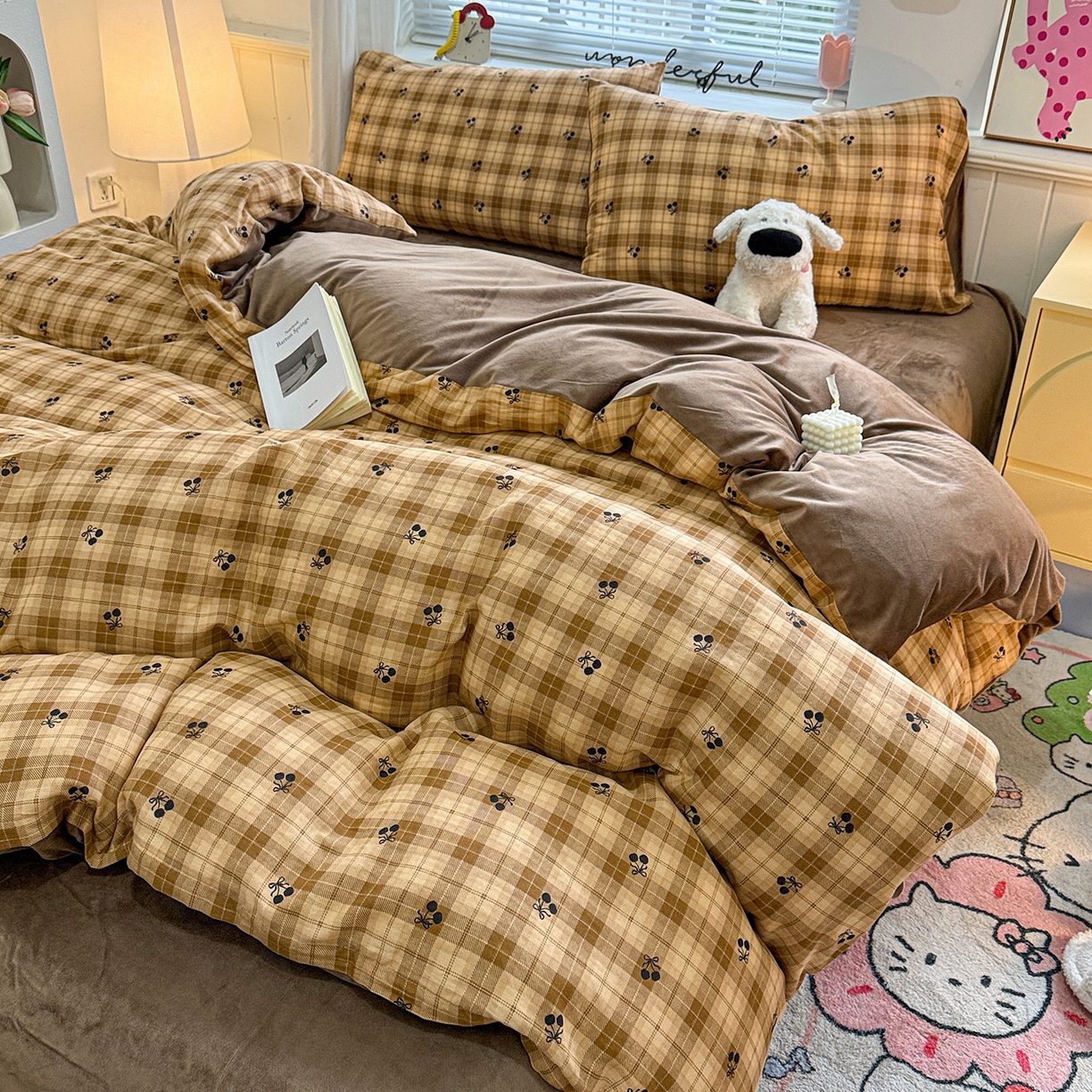 黛馨 2025秋冬新款棉加绒全棉双层纱宝宝绒工艺款花边四件套-基础款 糖炒栗子-基础款