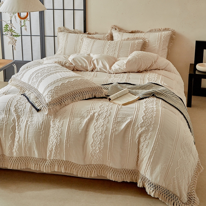 缘生活 2025新款立体剪花流苏四件套 四季通用-新增花型 剪花巴洛克 流苏+卡其