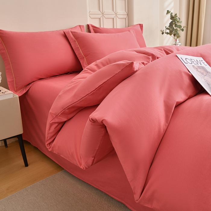 91家纺网 家纺一手货源 找家纺 宇彬家纺 2026新款A类13374全棉纯棉母婴级纯色四件套贡缎新疆长绒轻奢缩水足可定做 一字绣-宝石红