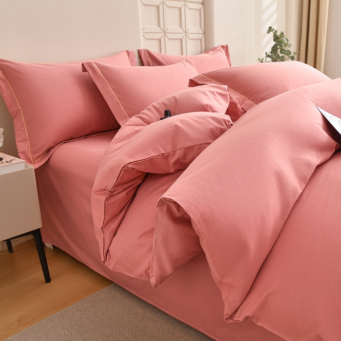 91家纺网 家纺一手货源 找家纺 宇彬家纺 2026新款A类13374全棉纯棉母婴级纯色四件套贡缎新疆长绒轻奢缩水足可定做 一字绣-奶油粉