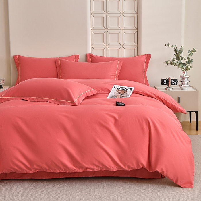 91家纺网 家纺一手货源 找家纺 宇彬家纺 2026新款A类13374全棉纯棉母婴级纯色四件套贡缎新疆长绒轻奢缩水足可定做 一字绣-宝石红