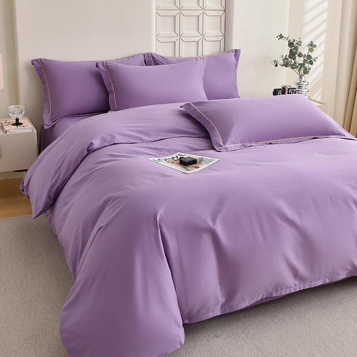 宇彬家纺 2026新款A类13374全棉纯棉母婴级纯色四件套贡缎新疆长绒轻奢缩水足可定做 一字绣-典雅紫