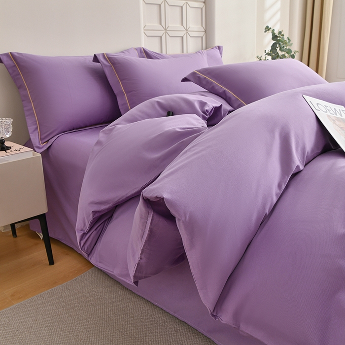 91家纺网 家纺一手货源 找家纺 宇彬家纺 2026新款A类13374全棉纯棉母婴级纯色四件套贡缎新疆长绒轻奢缩水足可定做 一字绣-典雅紫