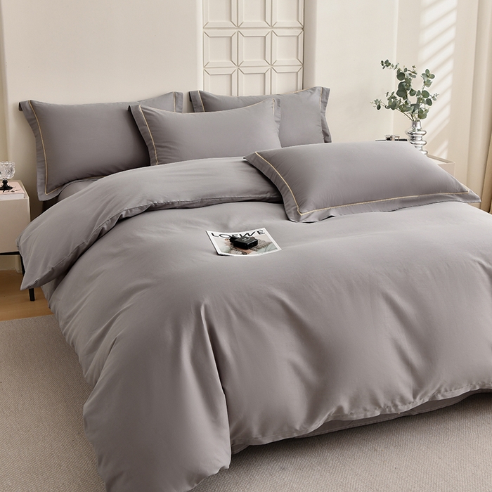 宇彬家纺 2026新款A类13374全棉纯棉母婴级纯色四件套贡缎新疆长绒轻奢缩水足可定做 一字绣-绅士灰