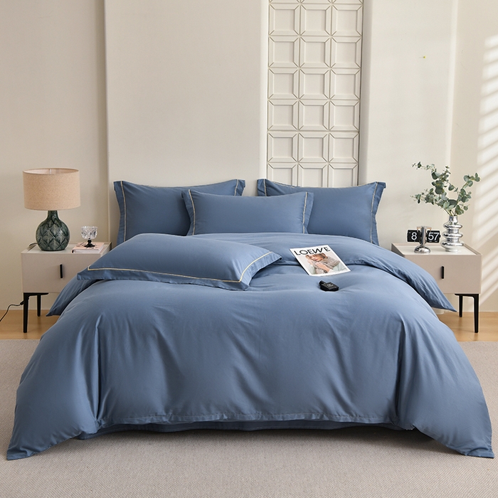 91家纺网 家纺一手货源 找家纺 宇彬家纺 2026新款A类13374全棉纯棉母婴级纯色四件套贡缎新疆长绒轻奢缩水足可定做 一字绣-宾利蓝