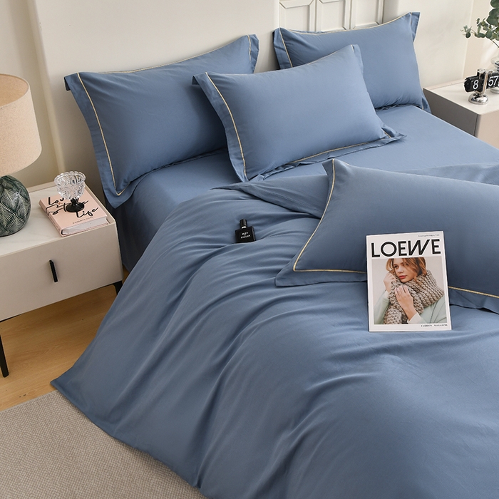 91家纺网 家纺一手货源 找家纺 宇彬家纺 2026新款A类13374全棉纯棉母婴级纯色四件套贡缎新疆长绒轻奢缩水足可定做 一字绣-宾利蓝