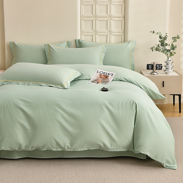 91家纺网 家纺一手货源 找家纺 宇彬家纺 2026新款A类13374全棉纯棉母婴级纯色四件套贡缎新疆长绒轻奢缩水足可定做 一字绣-炫彩绿