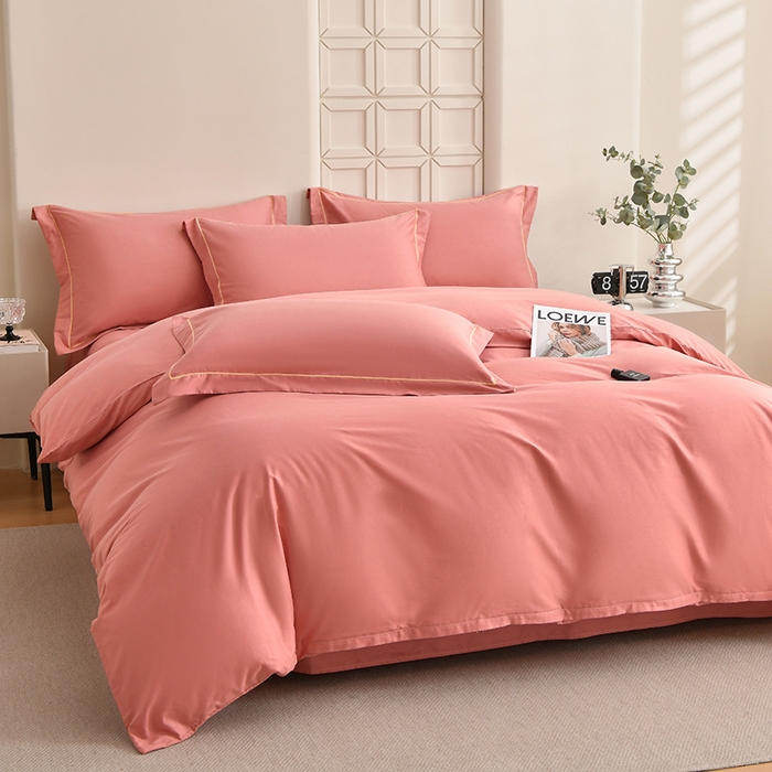 91家纺网 家纺一手货源 找家纺 宇彬家纺 2026新款A类13374全棉纯棉母婴级纯色四件套贡缎新疆长绒轻奢缩水足可定做 一字绣-奶油粉