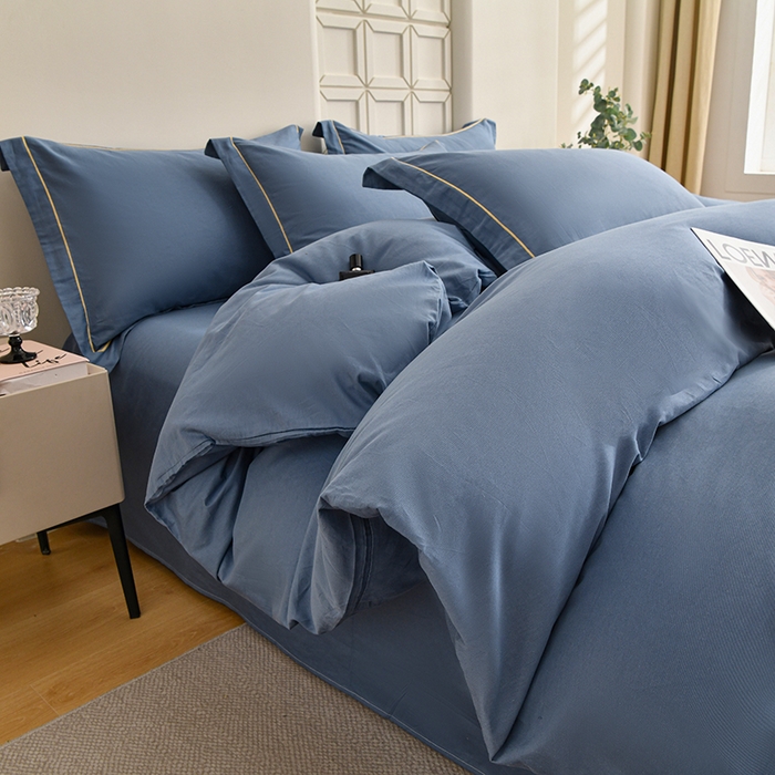 91家纺网 家纺一手货源 找家纺 宇彬家纺 2026新款A类13374全棉纯棉母婴级纯色四件套贡缎新疆长绒轻奢缩水足可定做 一字绣-宾利蓝