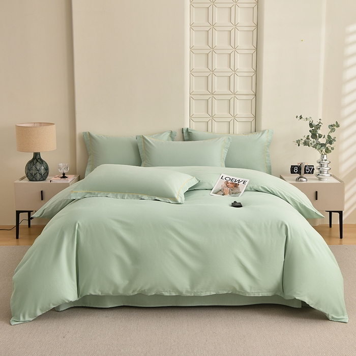 91家纺网 家纺一手货源 找家纺 宇彬家纺 2026新款A类13374全棉纯棉母婴级纯色四件套贡缎新疆长绒轻奢缩水足可定做 一字绣-炫彩绿