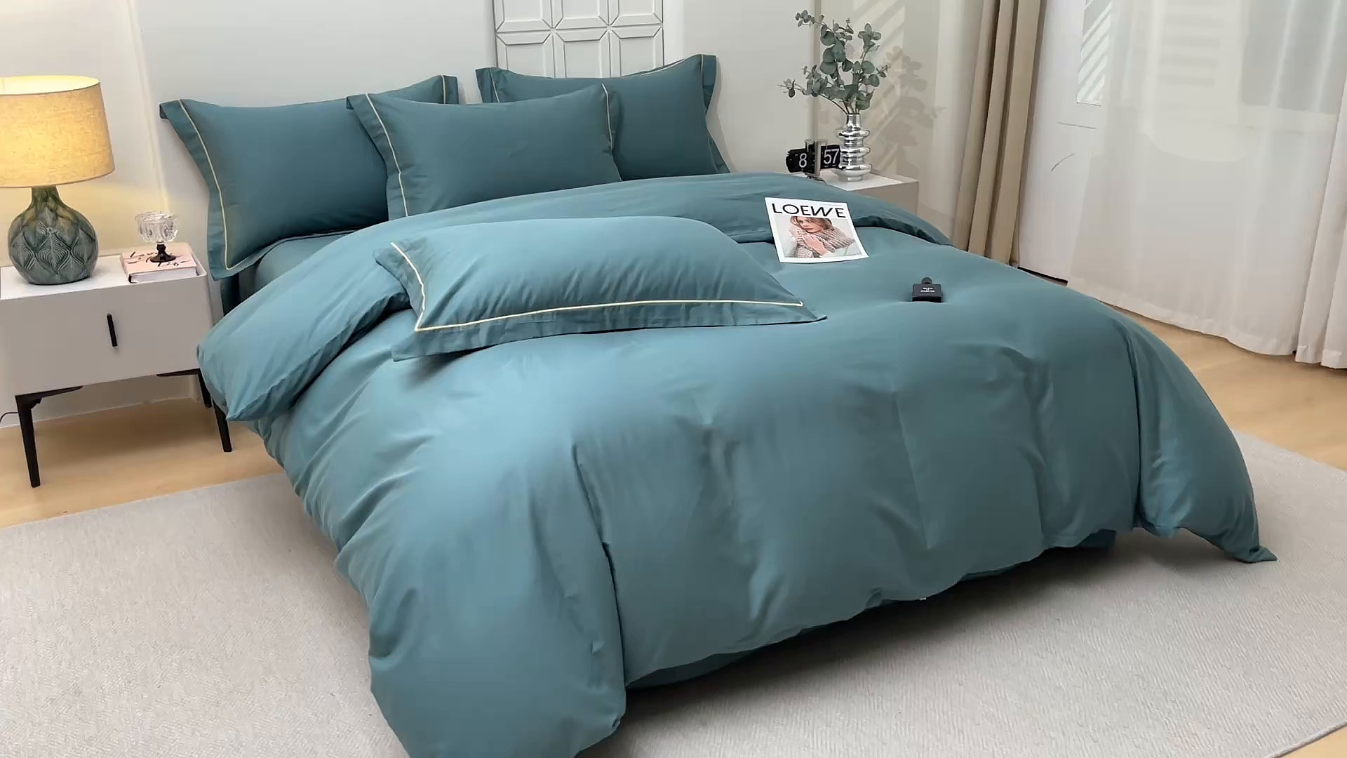 91家纺网 家纺一手货源 找家纺 宇彬家纺 2026新款A类13374全棉纯棉母婴级纯色四件套贡缎新疆长绒轻奢缩水足可定做 一字绣-摩卡绿