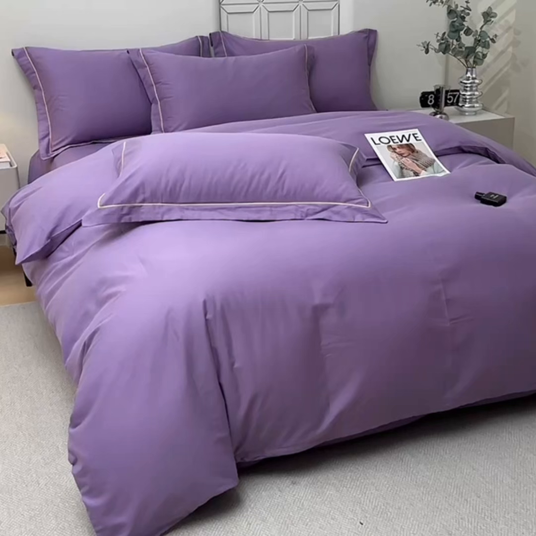 91家纺网 家纺一手货源 找家纺 宇彬家纺 2026新款A类13374全棉纯棉母婴级纯色四件套贡缎新疆长绒轻奢缩水足可定做 一字绣-典雅紫