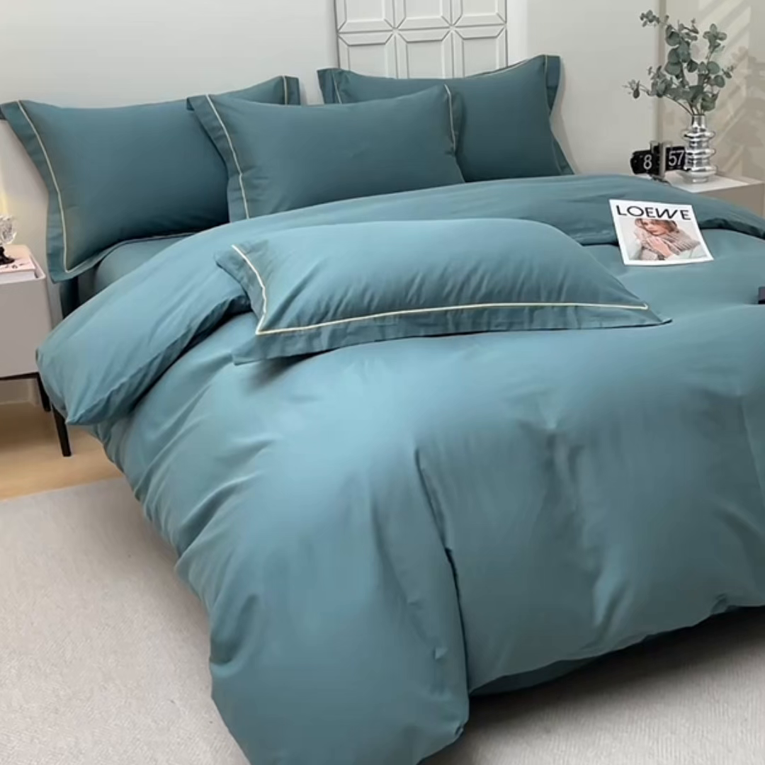 91家纺网 家纺一手货源 找家纺 宇彬家纺 2026新款A类13374全棉纯棉母婴级纯色四件套贡缎新疆长绒轻奢缩水足可定做 一字绣-炫彩绿