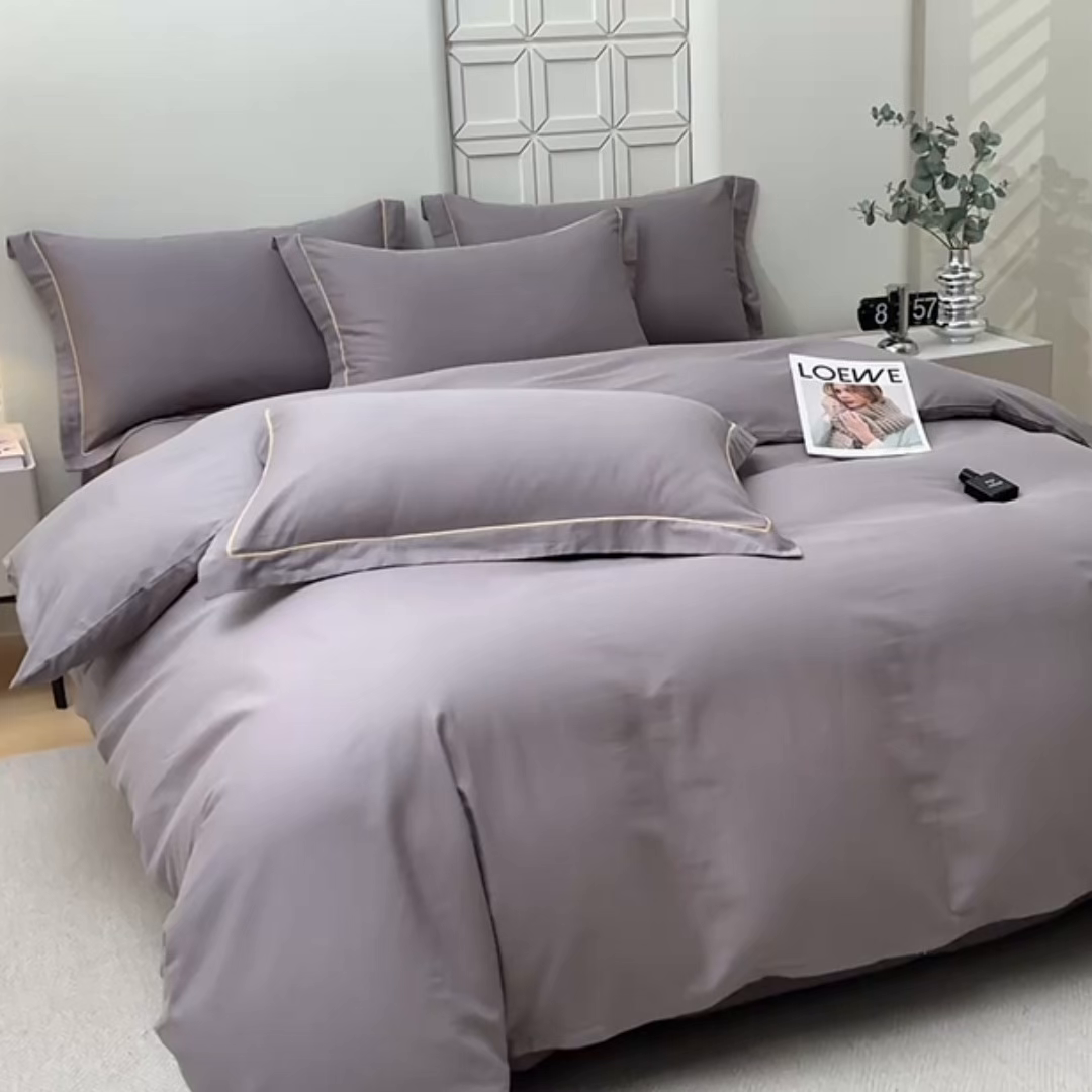 91家纺网 家纺一手货源 找家纺 宇彬家纺 2026新款A类13374全棉纯棉母婴级纯色四件套贡缎新疆长绒轻奢缩水足可定做 一字绣-绅士灰