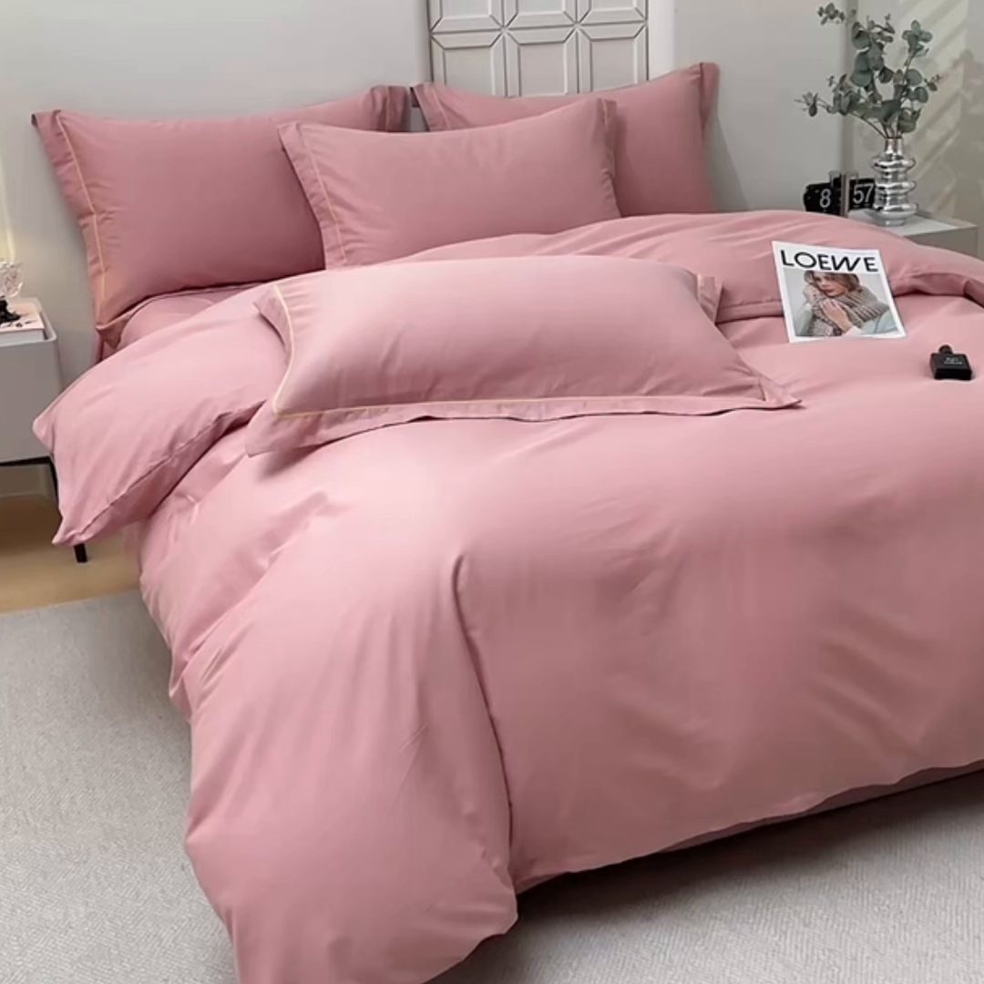 91家纺网 家纺一手货源 找家纺 宇彬家纺 2026新款A类13374全棉纯棉母婴级纯色四件套贡缎新疆长绒轻奢缩水足可定做 一字绣-紫豆沙