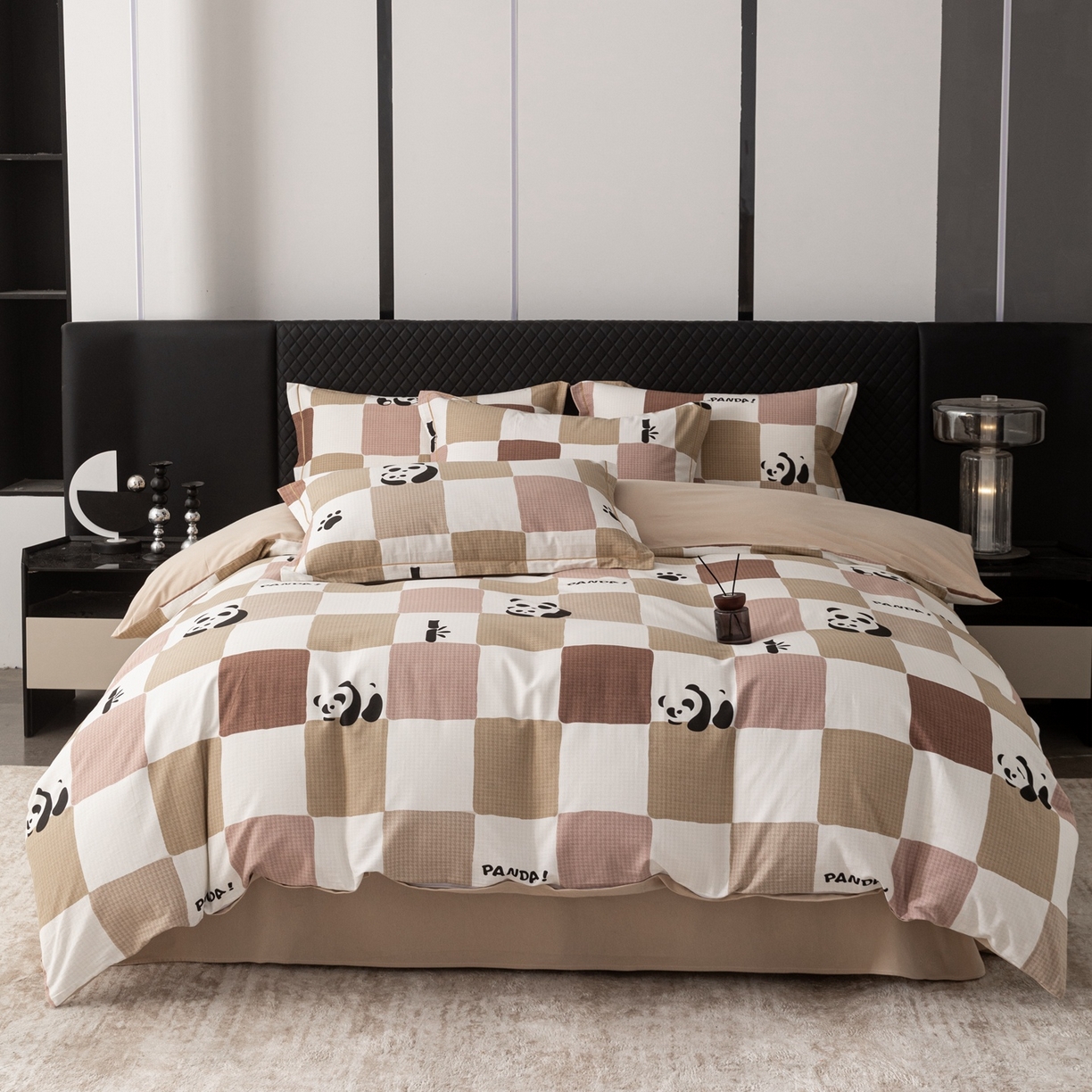 91家纺网 家纺一手货源 找家纺 晶缦家纺 2025新款加厚纯棉全棉磨毛四件套 格调熊猫棕