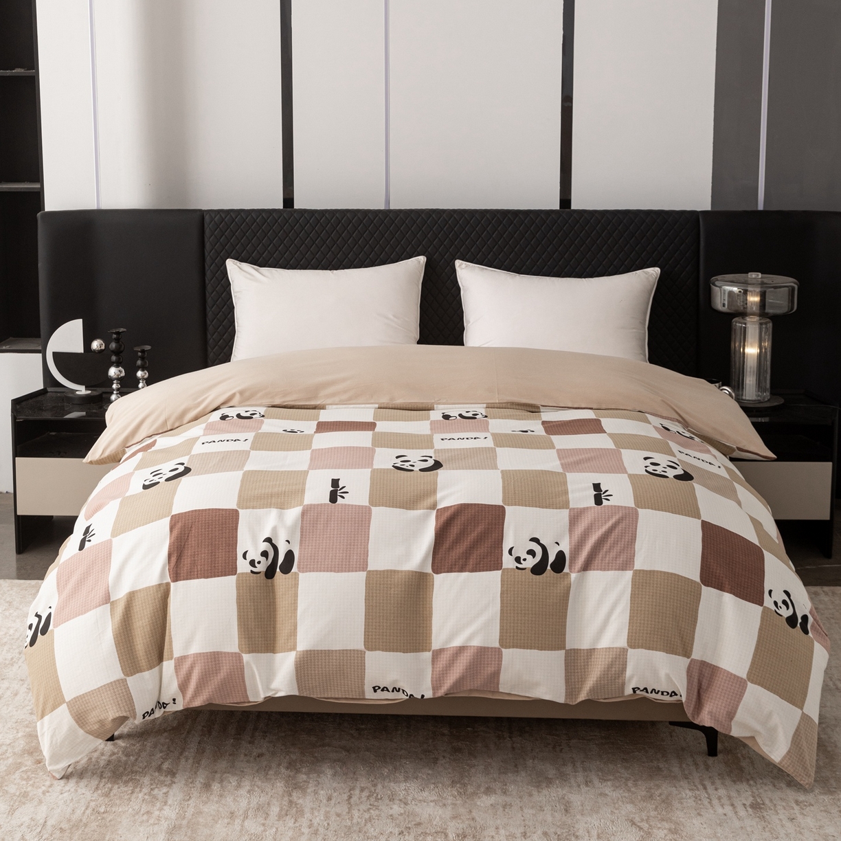 91家纺网 家纺一手货源 找家纺 晶缦家纺 2025新款加厚纯棉全棉磨毛四件套 格调熊猫棕