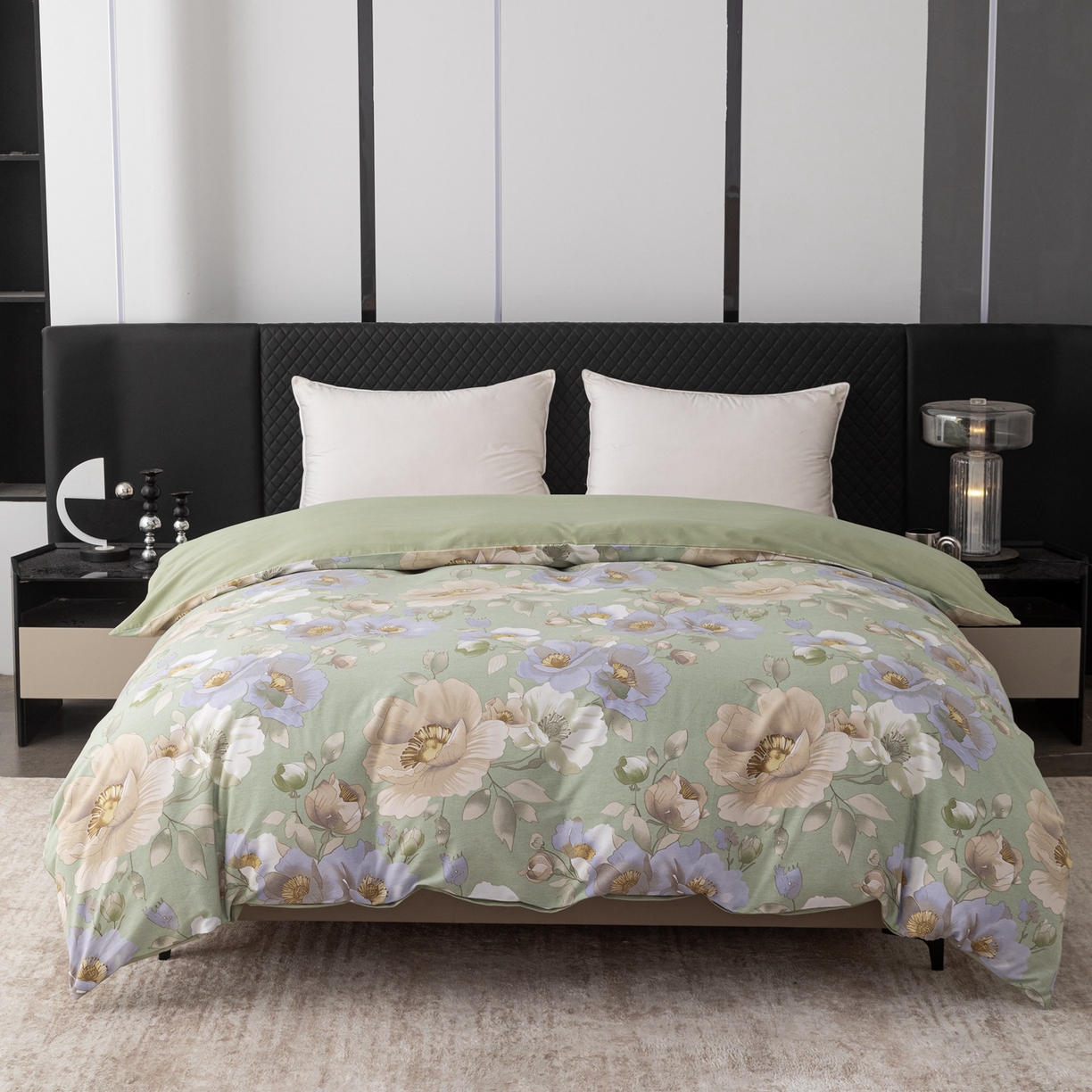 91家纺网 家纺一手货源 找家纺 晶缦家纺 2025新款加厚纯棉全棉磨毛四件套 花灿烂绿