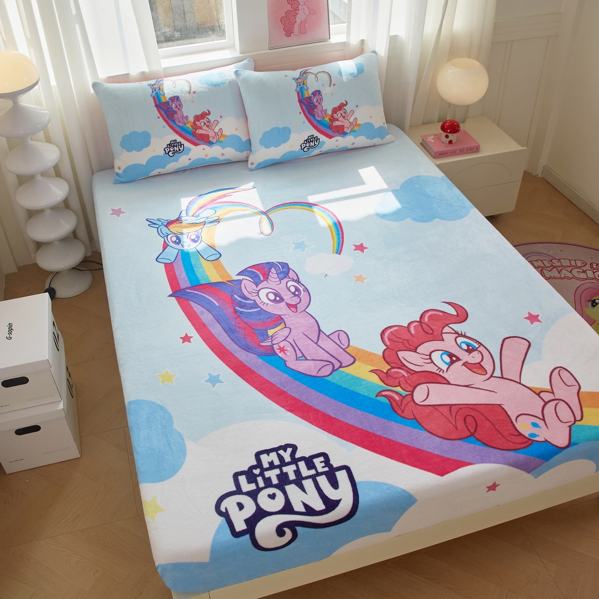 91家纺网 家纺一手货源 找家纺 蘭菲家纺 2025新款小马宝莉牛奶绒单床笠 床笠单件 嗨皮(宝莉)