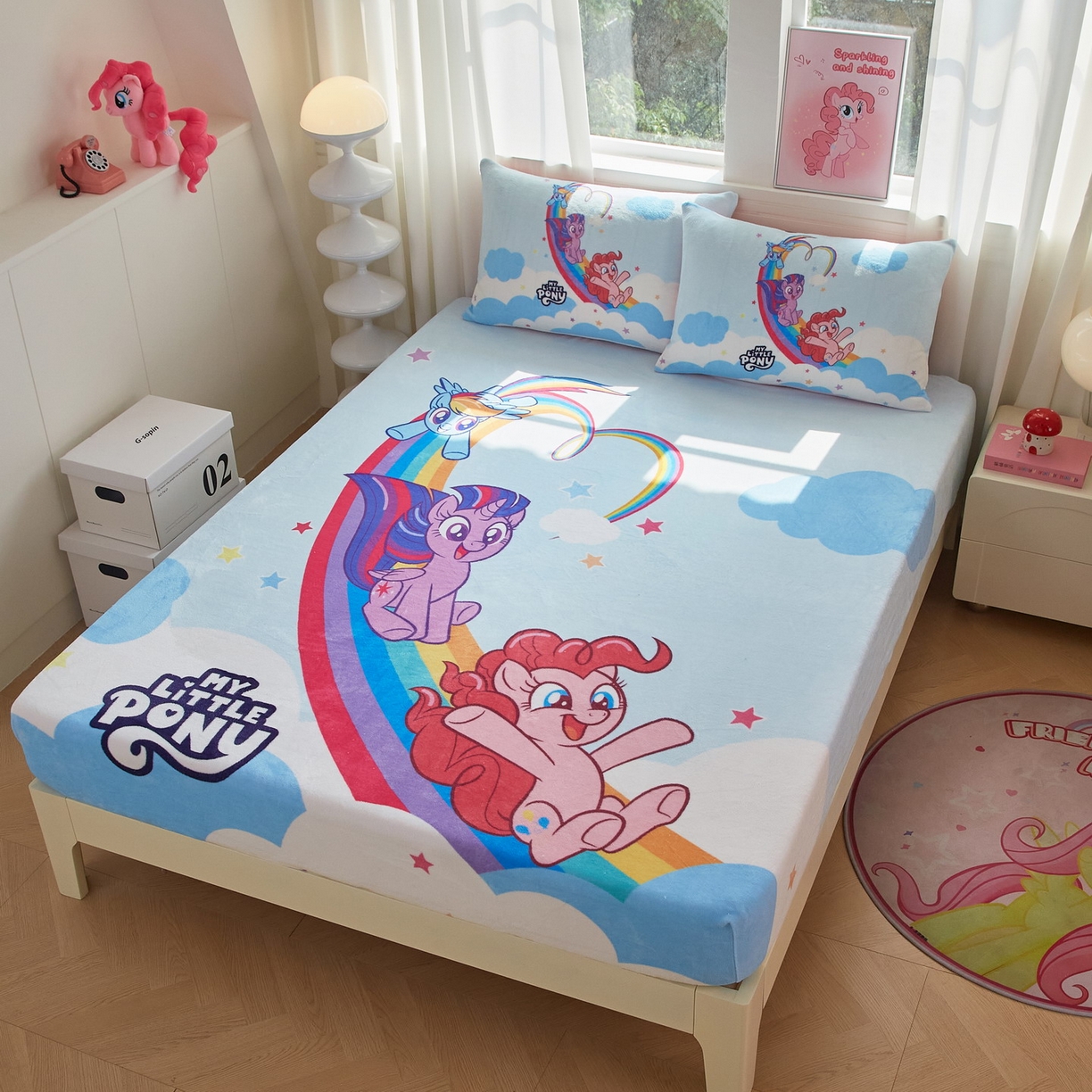 91家纺网 家纺一手货源 找家纺 蘭菲家纺 2025新款小马宝莉牛奶绒单床笠 床笠单件 嗨皮(宝莉)