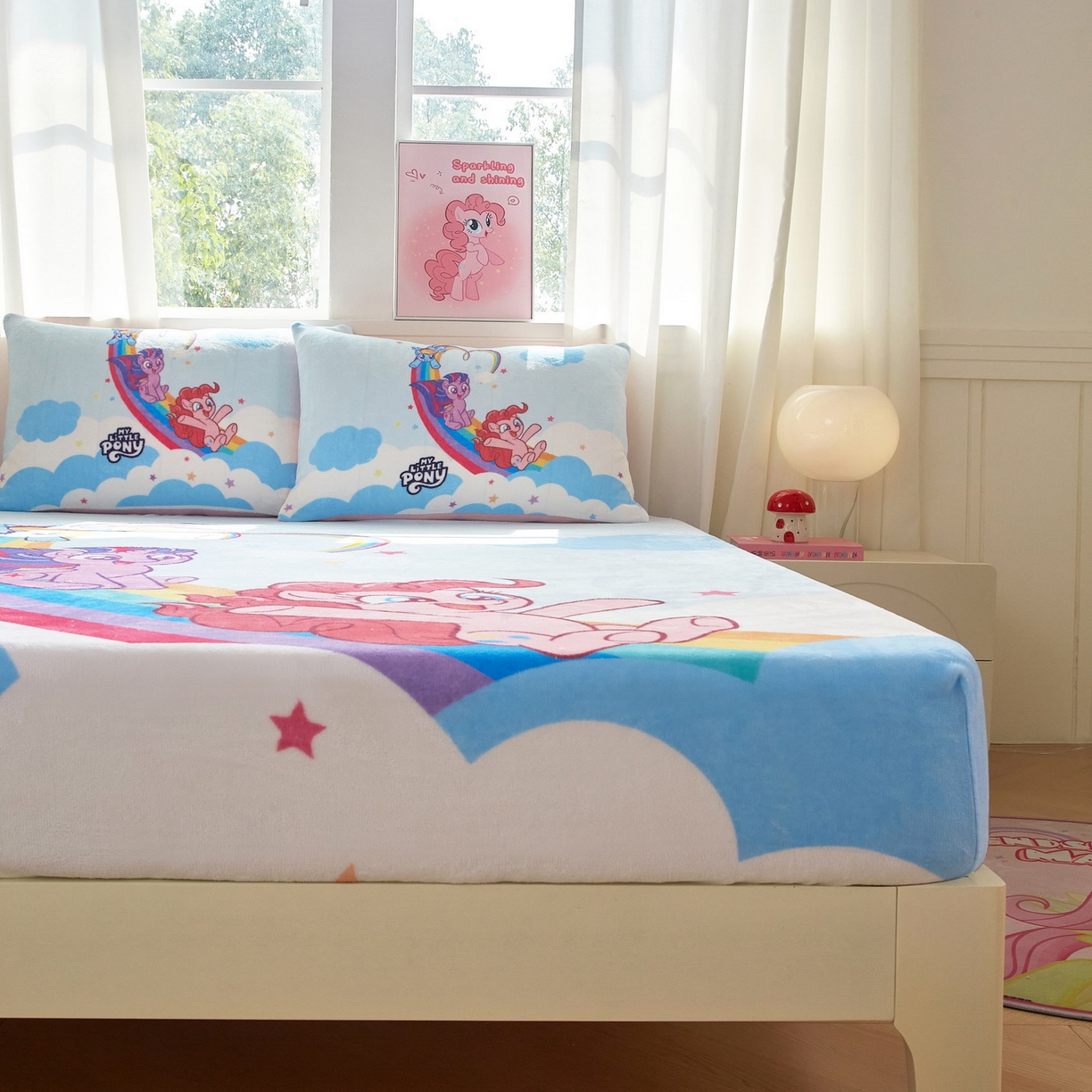 91家纺网 家纺一手货源 找家纺 蘭菲家纺 2025新款小马宝莉牛奶绒单床笠 床笠单件 嗨皮(宝莉)