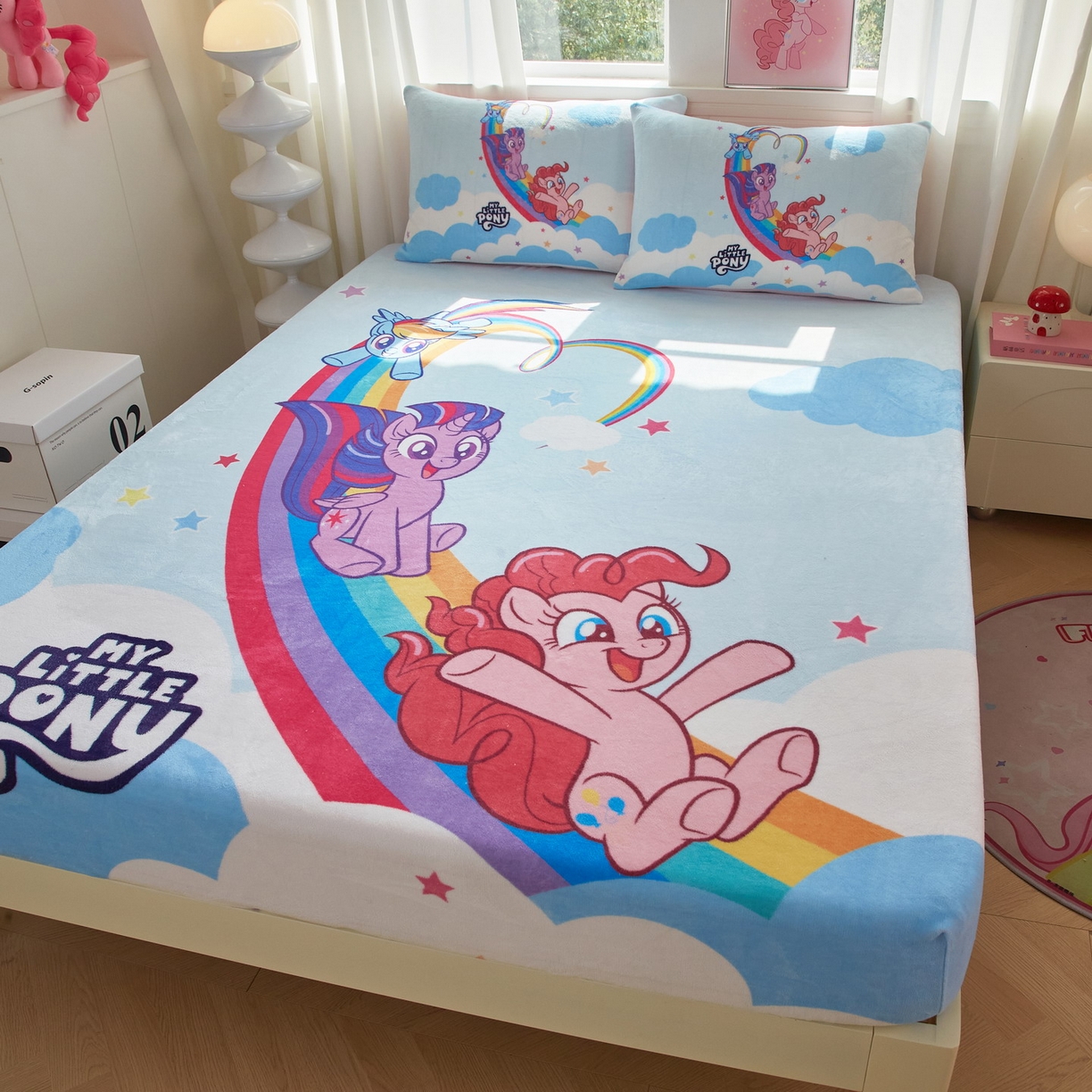 91家纺网 家纺一手货源 找家纺 蘭菲家纺 2025新款小马宝莉牛奶绒单床笠 床笠单件 嗨皮(宝莉)