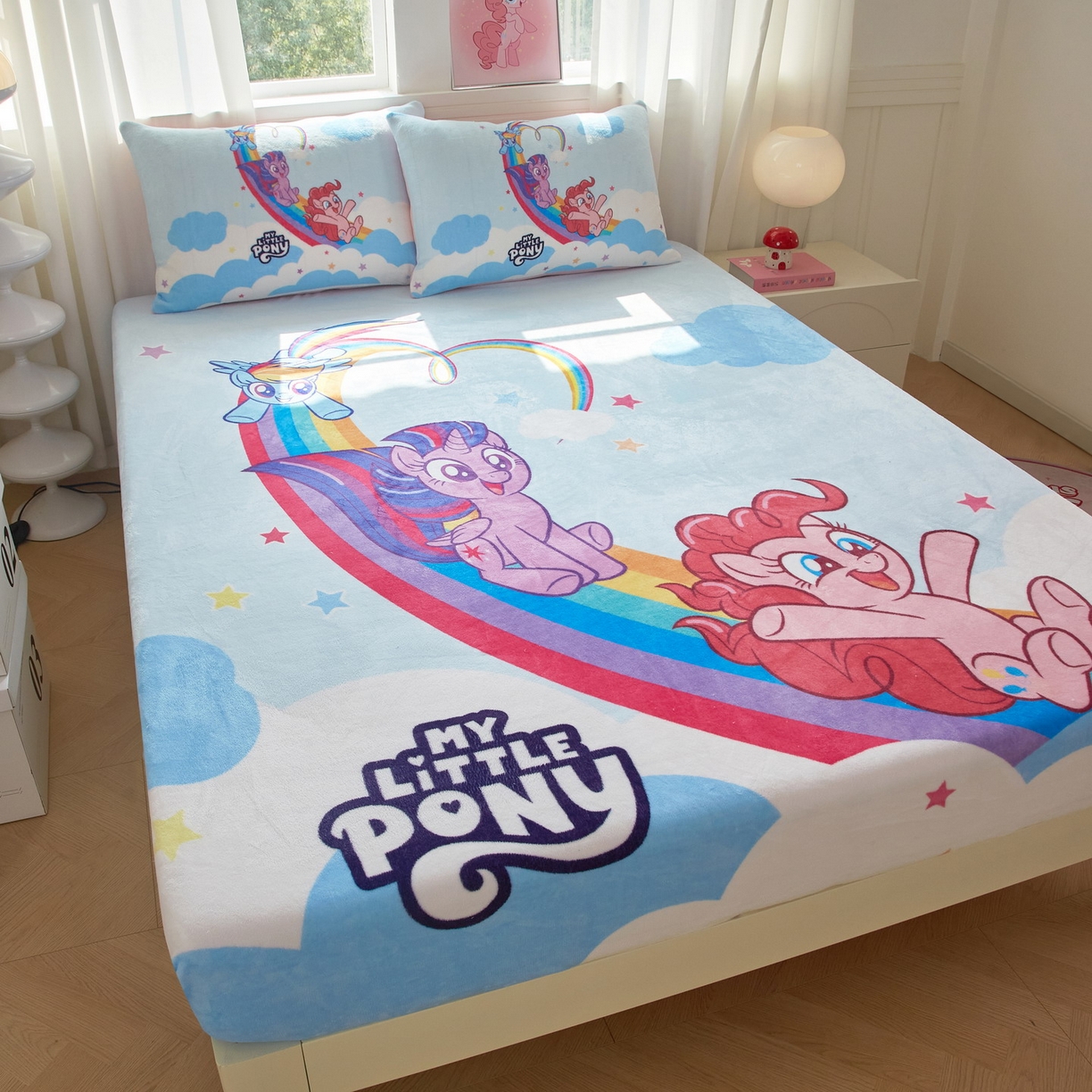 91家纺网 家纺一手货源 找家纺 蘭菲家纺 2025新款小马宝莉牛奶绒单床笠 床笠单件 嗨皮(宝莉)