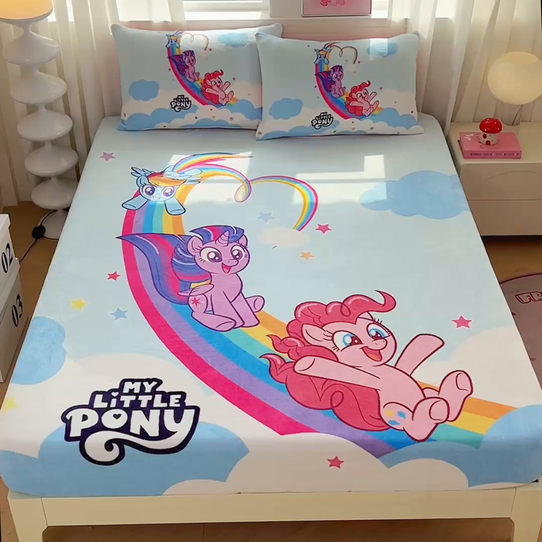 91家纺网 家纺一手货源 找家纺 蘭菲家纺 2025新款小马宝莉牛奶绒单床笠 床笠单件 嗨皮(宝莉)